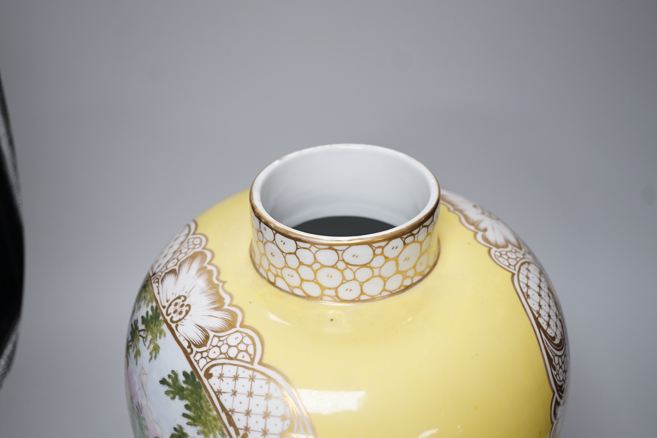 A large Helena Wolfsohn, Dresden vase and cover, from 1880, with a painted figural fishing cartouche one side and leisure activities the other, 52cms high